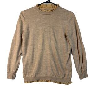 J. Crew Women M Brown Sweater 100% Merino Wool Ruffle Neck Layer Basic Elevate